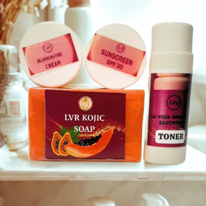 “A complete 4-step skincare kit labeled LVR Rejuvenating Set Extra Strength, featuring a soap bar, toner bottle, day cream, and night cream in coordinated pink-and-white packaging, arranged neatly on a clean surface. Ideal for acne treatment, skin renewal, and brightening.”